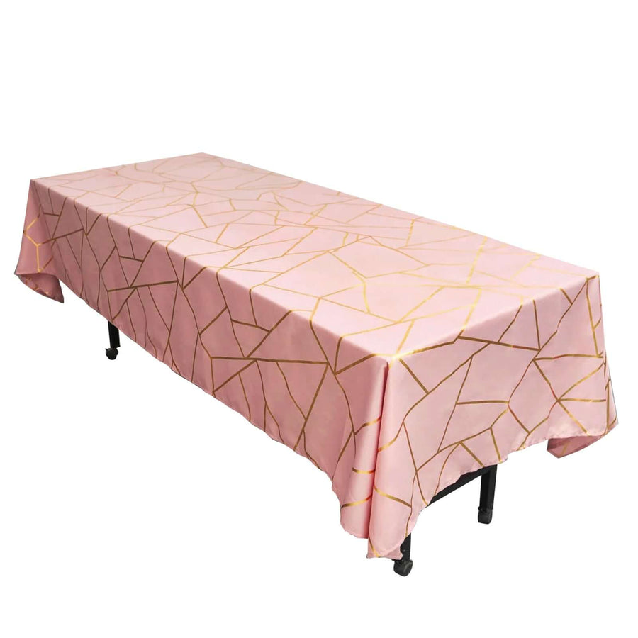 60inch x 102inch Dusty Rose Rectangle Polyester Tablecloth With Gold Foil Geometric Pattern