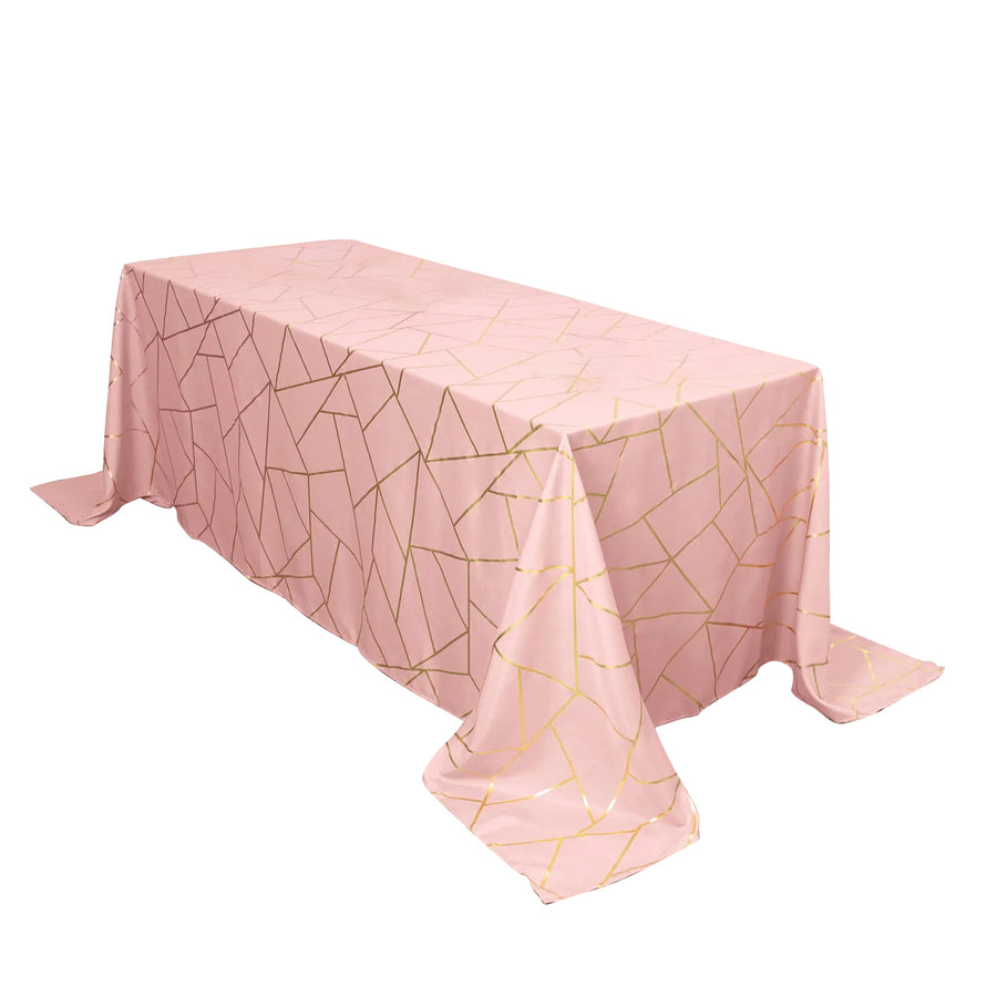 90inch x 132inch Dusty Rose Rectangle Polyester Tablecloth With Gold Foil Geometric Pattern