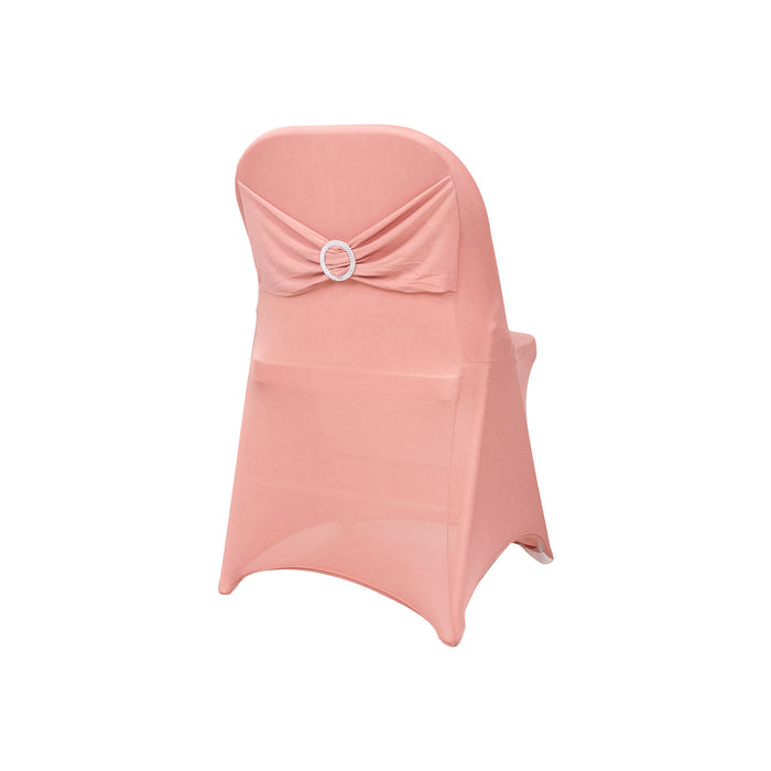 Dusty Rose Spandex Folding Chair Covers with Silver Rhinestone Buckled Sash Band