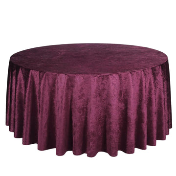 120" Eggplant Seamless Premium Velvet Round Tablecloth, Reusable Linen for 5 Foot Table With Floor-Length Drop