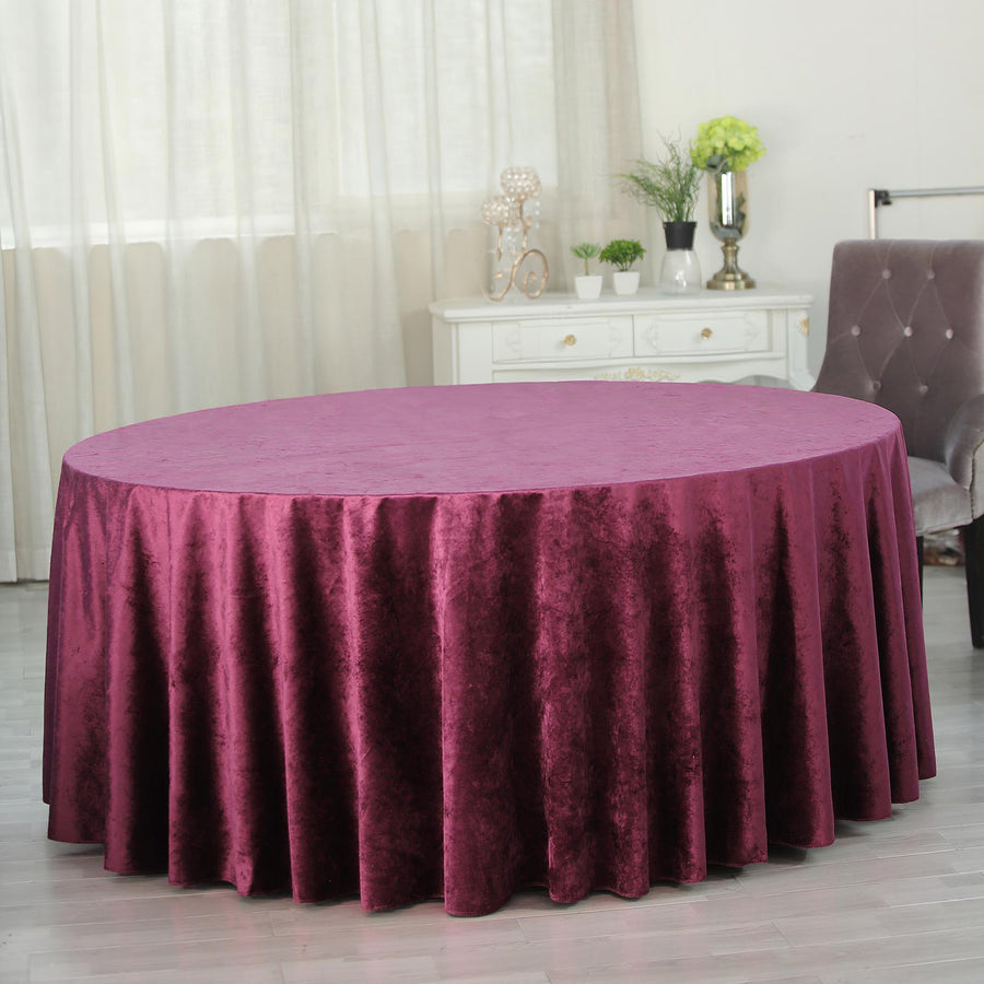 120" Eggplant Seamless Premium Velvet Round Tablecloth, Reusable Linen for 5 Foot Table With Floor-Length Drop