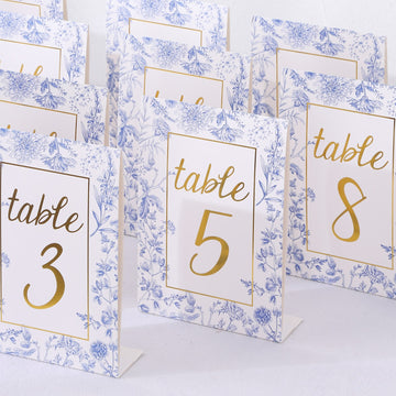 25 Pack White Blue Double Sided Paper Table Sign Cards with Chinoiserie Floral and Gold Numbers Print, 7" Free Standing Wedding Table Numbers 1-25