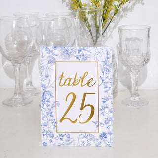 Captivating White Blue Double Sided Paper Table Sign Cards for Elegant Events
