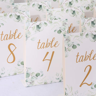 Eucalyptus Leaves and Gold Numbers Print for Elegant Table Decor