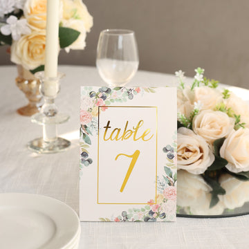 25 Pack White Gold Wedding Table Numbers With Peony Flowers and Foil Numbers Print, 7" Free Standing Double Sided Paper Table Sign Cards 1-25