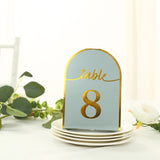 25 Pack Dusty Blue Arch Table Numbers Tent Cards with Metallic Gold Foil