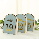 25 Pack Dusty Blue Arch Table Numbers Tent Cards with Metallic Gold Foil