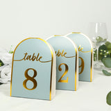 25 Pack Dusty Blue Arch Table Numbers Tent Cards with Metallic Gold Foil