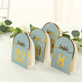 25 Pack Dusty Blue Arch Table Numbers Tent Cards with Metallic Gold Foil