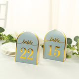 25 Pack Dusty Blue Arch Table Numbers Tent Cards with Metallic Gold Foil