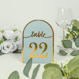 25 Pack Dusty Blue Arch Table Numbers Tent Cards with Metallic Gold Foil