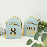 25 Pack Dusty Blue Arch Table Numbers Tent Cards with Metallic Gold Foil