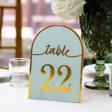 25 Pack Dusty Blue Arch Table Numbers Tent Cards with Metallic Gold Foil