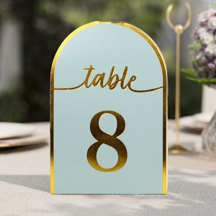 25 Pack Dusty Blue Arch Table Numbers Tent Cards with Metallic Gold Foil