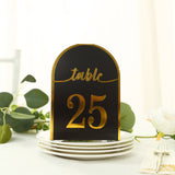 25 Pack Black Arch Table Numbers Tent Cards with Metallic Gold Foil 1-25 Numbers Print