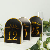 25 Pack Black Arch Table Numbers Tent Cards with Metallic Gold Foil 1-25 Numbers Print