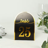 25 Pack Black Arch Table Numbers Tent Cards with Metallic Gold Foil 1-25 Numbers Print