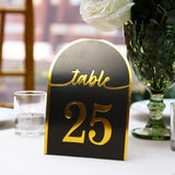 25 Pack Black Arch Table Numbers Tent Cards with Metallic Gold Foil 1-25 Numbers Print