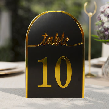 25 Pack Black Arch Table Numbers Tent Cards with Metallic Gold Foil 1-25 Numbers Print, 7" Free Standing Double Sided Paper Wedding Table Sign Cards