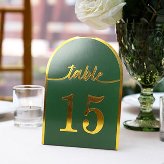 <span style="background-color:transparent;color:#000000;">Hunter Green Gold Arch Cutout Paper Table Numbers</span>