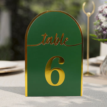 25-Pack Paper Wedding Table Numbers 1-25 Hunter Emerald Green Arch Cutout Design - Sleek & Modern Free Standing Double Sided Table Tent Cards with Metallic Gold Foil Numbers 7"