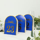 25 Pack Royal Blue Arch Table Numbers Tent Cards with Metallic Gold Foil 1-25 Numbers Print