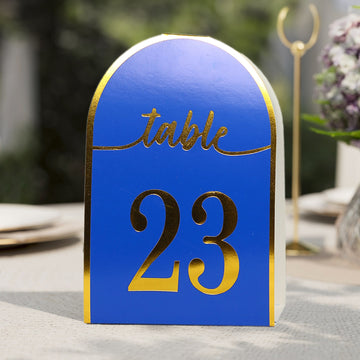 25 Pack Royal Blue Arch Table Numbers Tent Cards with Metallic Gold Foil 1-25 Numbers Print, 7" Free Standing Double Sided Paper Wedding Table Sign Cards