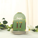 25 Pack Sage Green Arch Table Numbers Tent Cards with Metallic Gold Foil 1-25 Numbers Print