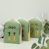 25 Pack Sage Green Arch Table Numbers Tent Cards with Metallic Gold Foil 1-25 Numbers Print