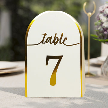 25 Pack White Arch Table Numbers Tent Cards with Metallic Gold Foil 1-25 Numbers Print, 7" Free Standing Double Sided Paper Wedding Table Sign Cards