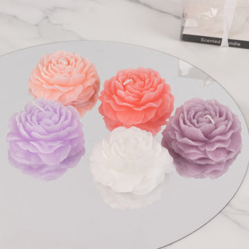 5 Pack Assorted Colors Peony Flower Scented Candles, 3" Decorative Floating Wax Candles Wedding Favors with Individual Gift Boxes and Ribbons