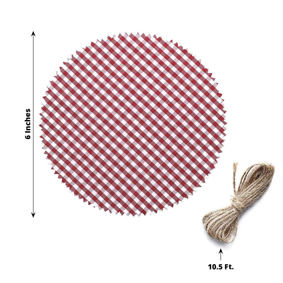 6inch Red / White Gingham Mason Jar Cloth Lid Covers, Checkered Jam Jar Covers with Jute String