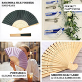 Bamboo and silk folding hand fans in various colors for elegant occasions.