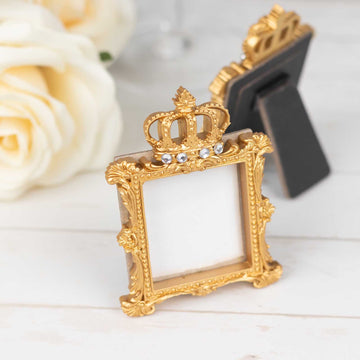 4 Pack Gold Resin Royal Crown Square Picture Frame Party Favors, 3.5" Vintage Wedding Place Card Holders