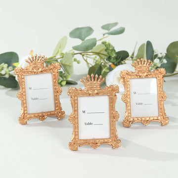 4 Pack Gold Resin Vintage Crown Photo Frames Party Favors, Rectangle Mini Picture Frame Wedding Place Card Holders - 4.5"x3"