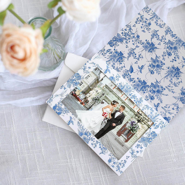 25 Pack White Blue French Toile Photo Frame Thank You Cards with Envelopes