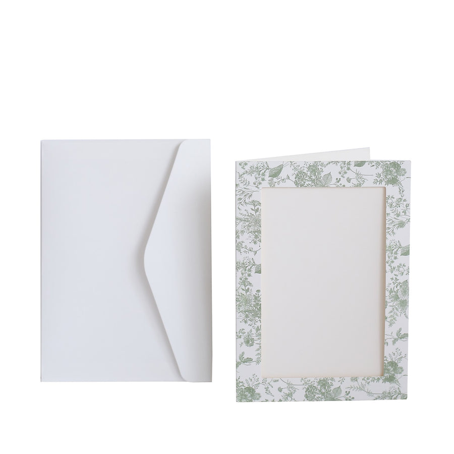25 Pack White Sage Green Floral Photo Frame Cards with Envelopes