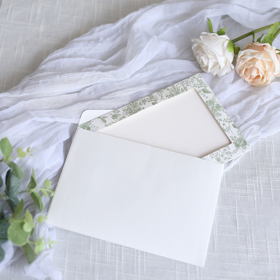 25 Pack White Sage Green Floral Photo Frame Cards with Envelopes