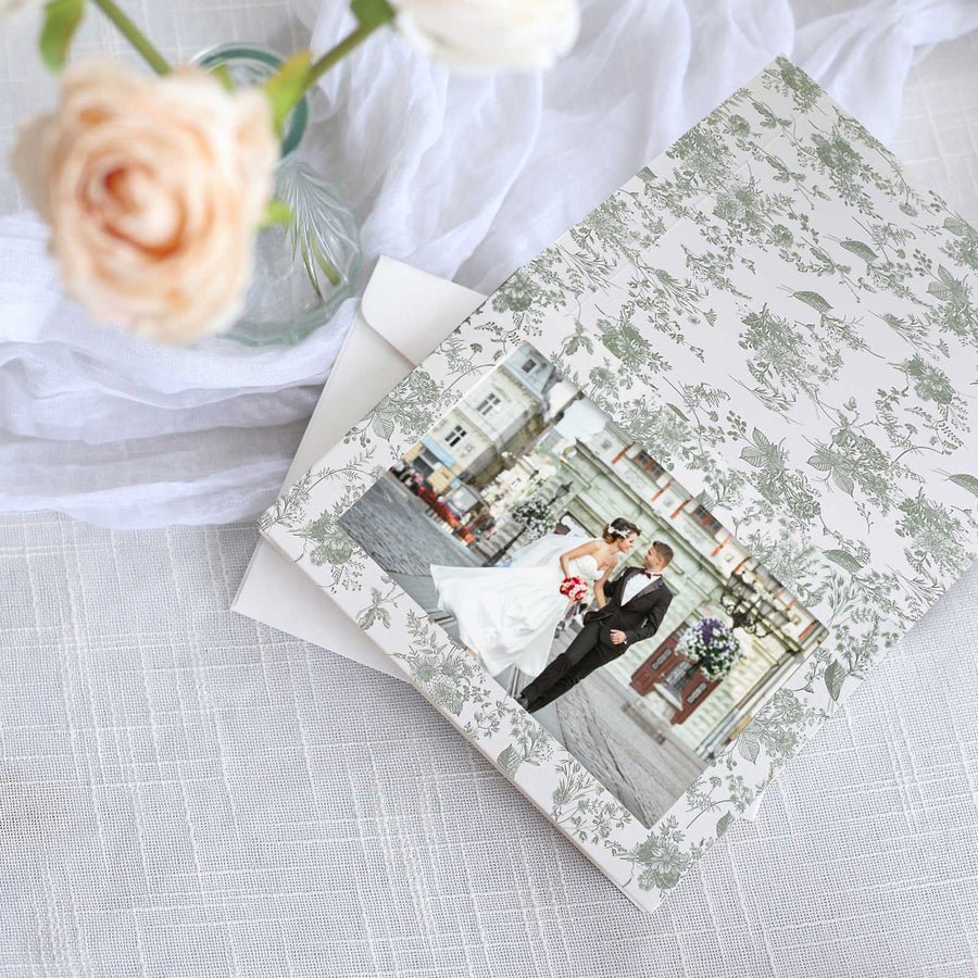 25 Pack White Sage Green Floral Photo Frame Cards with Envelopes