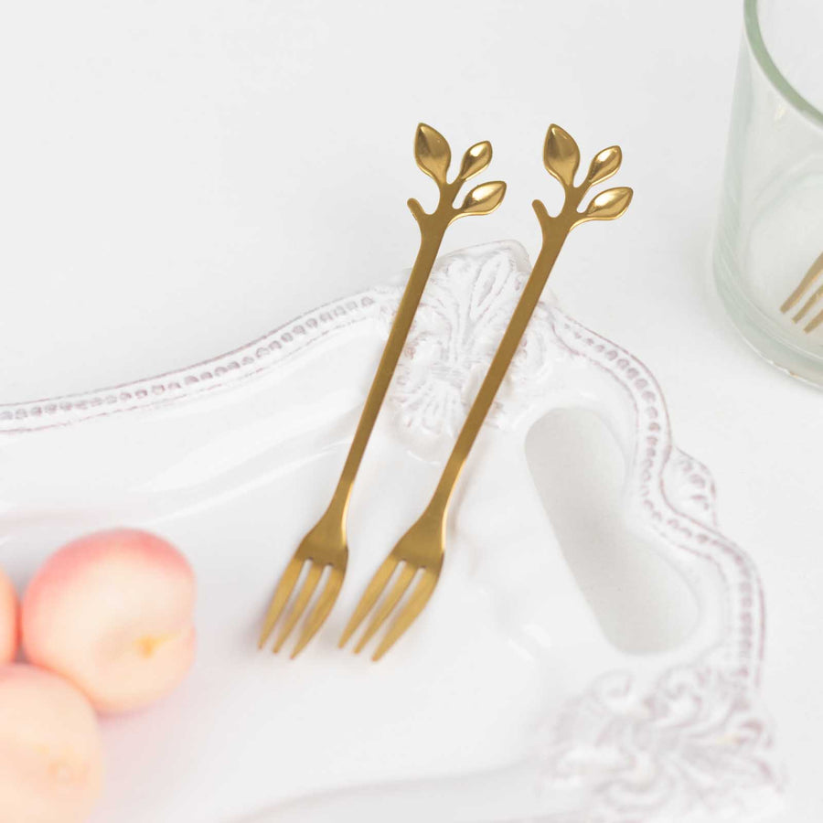 4 Pack Gold Metal Cake Dessert Forks With Leaf Handles, Pre-Packed Mini Forks