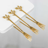 4 Pack Gold Metal Cake Dessert Forks With Leaf Handles, Pre-Packed Mini Forks