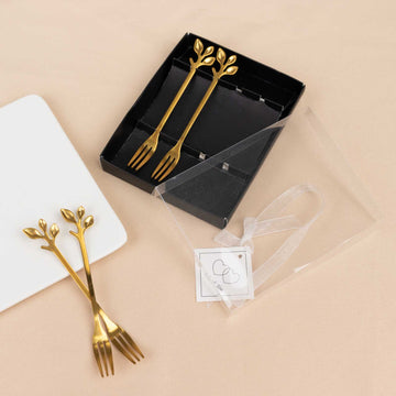 4 Pack Gold Metal Cake Dessert Forks With Leaf Handles, Pre-Packed Mini Forks Bridal Shower Souvenirs with Gift Boxes, Ribbons and Thank You Tags - 5"