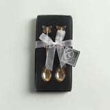 2 Pack Gold Metal Butterfly Handle Dessert Spoons in Clear Top Black Gift Box