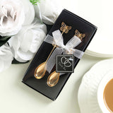 2 Pack Gold Metal Butterfly Handle Dessert Spoons in Clear Top Black Gift Box