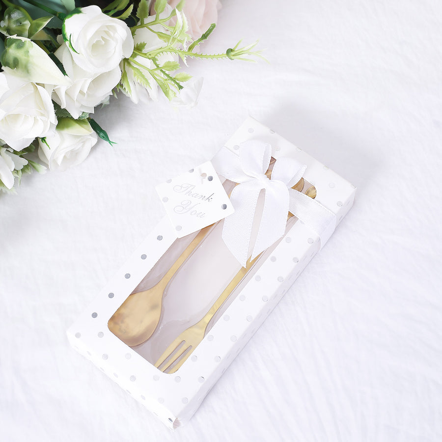 Gold Metal Spoon & Fork Pre-Packed Bridal Shower Wedding Party Favors Set With Leaf Shaped Handle