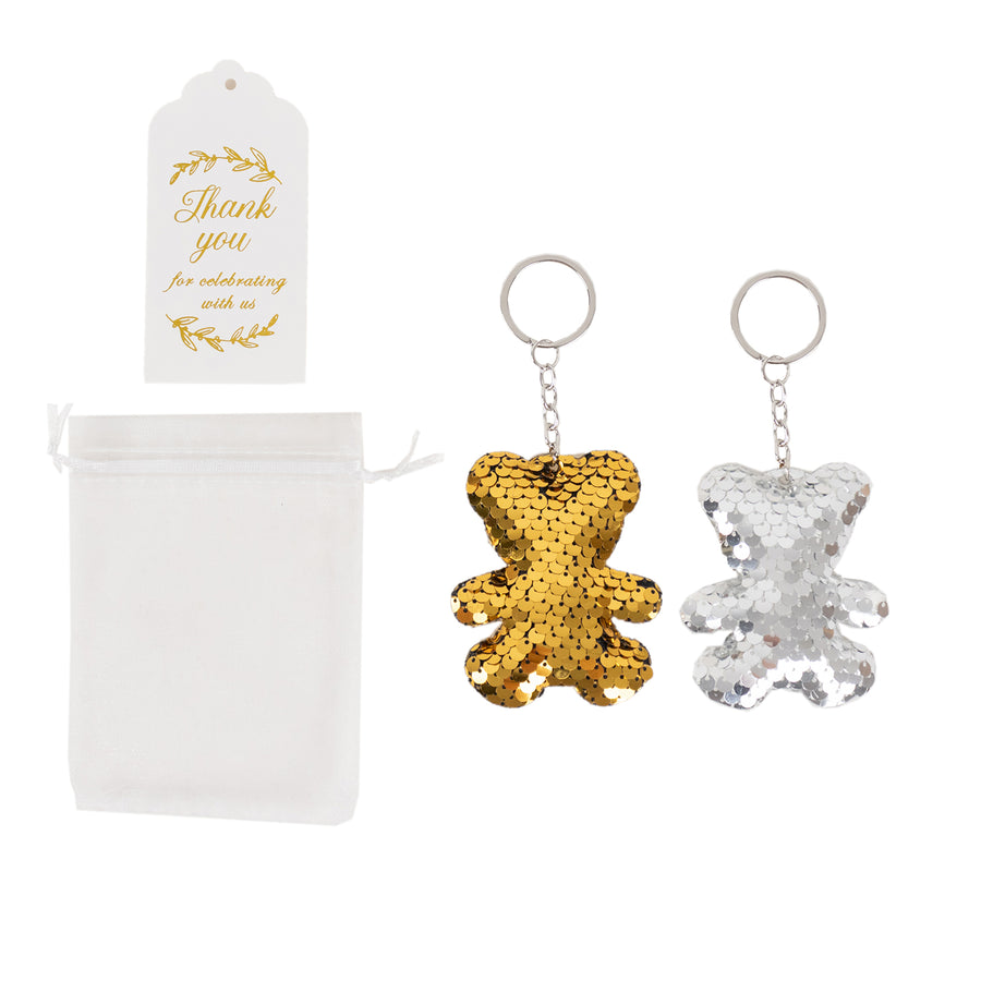 20 Pack Gold Silver Sequin Teddy Bear Keychains with White Organza Party Favor Bags#whtbkgd