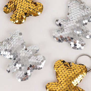 20 Pack Gold Silver Sequin Teddy Bear Keychains with White Organza Party Favor Bags and Thank You Tags - 3"