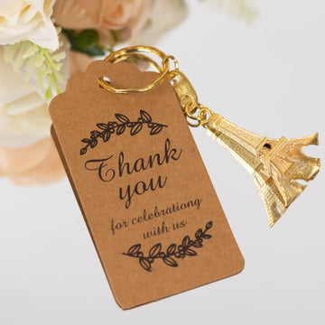 10 Pack Gold Plastic Paris Eiffel Tower Keychain Wedding Favors, 4" Bridal Shower Party Souvenirs With Thank You Tag