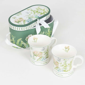 Greenery Theme Bridal Shower Gift Set, 2 Pack Porcelain Tea Cups With Matching Keepsake Gift Box and Satin Ribbon Handle