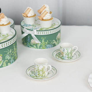 Stunning White Green Leaves Design Porcelain Tea Cups and Espresso Cups